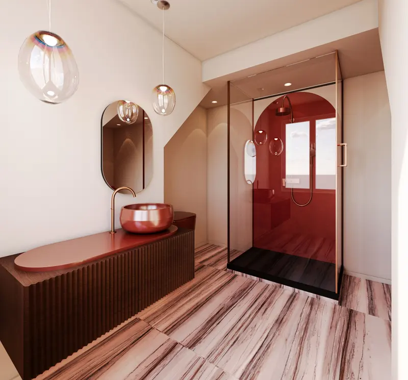 Vue 3D d’étude d’une salle de bains — maquette de projet, Studio NK, Nolwenn Kevell